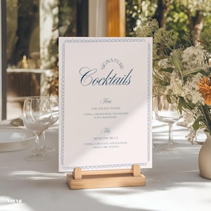 Modèle d'enseigne vintage pour boissons signature, bordure bouclée, cocktails signature, signalétique de mariage fantaisiste, enseigne de menu de bar, modèle Canva, WT24