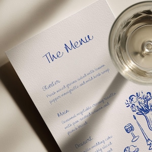 Plantilla de menú de boda dibujada a mano con tarjeta de nombre, tarjetas de menú de cena de ensayo originales, Canva