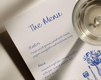 Hand Drawn Wedding Menu Template with Name Card, Whimsical Rehearsal Dinner Menu Cards, Canva