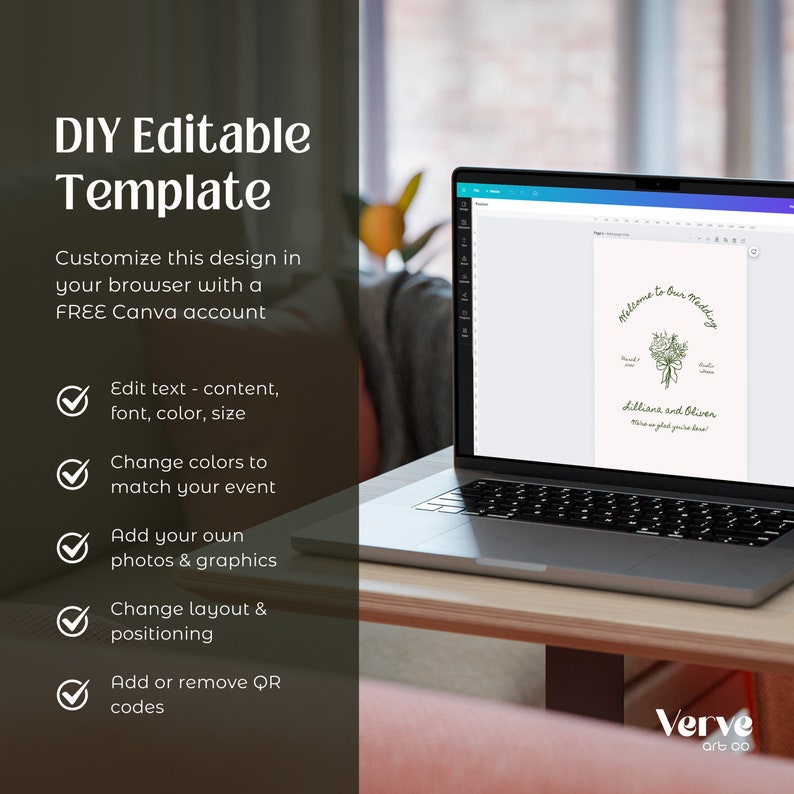 May include: A laptop displays a wedding invitation template with the text "Welcome to Our Wedding." The screen shows options to edit text, change colors, add photos, and adjust layout. The image promotes a DIY editable template.