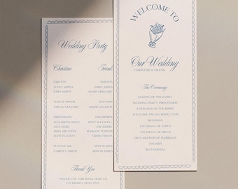 Vintage Hand Drawn Wedding Program Template with Timeline (4x8, 4x9, DL) (Canva Template) (WT24)