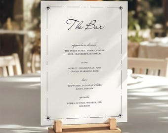 Wedding Bar Menu Sign Template, Elegant Drink List, Editable Canva Template