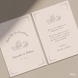 Cartes de remerciement de mariage avec des cygnes dessinés à la main, modèle de remerciement de mariage fantaisiste manuscrit, 4 x 6, 5 x 7, A5, A6, modèle de toile, WT11