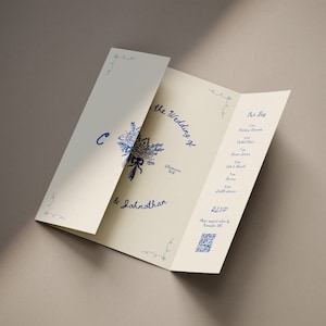 Modello di invito pieghevole disegnato a mano, biglietto d'invito per matrimonio colorato, codice QR per invito per matrimonio stravagante, modello modificabile Canva, WT23