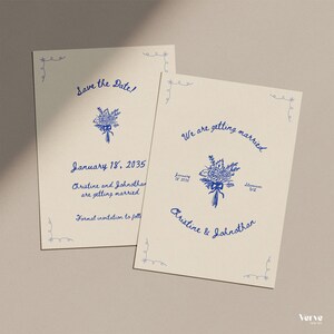 Wedding save the dates with handwritten typography and hand drawn flower bouquet. Fully editable Canva templates by VerveArtCo.