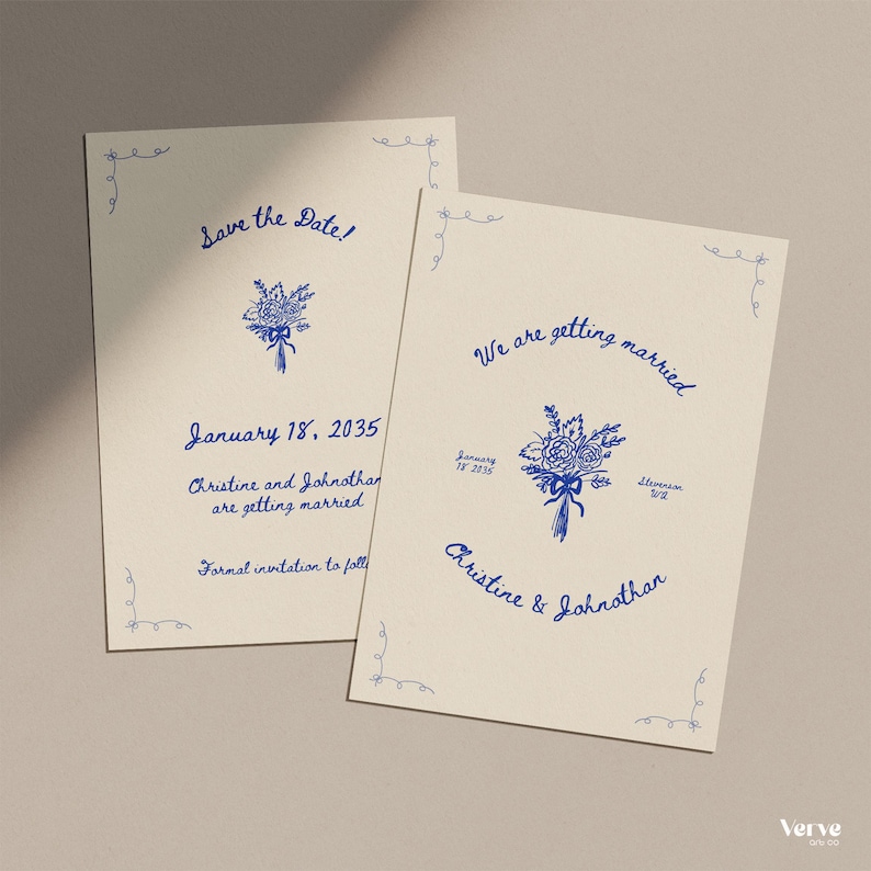 Wedding save the dates with handwritten typography and hand drawn flower bouquet. Fully editable Canva templates by VerveArtCo.