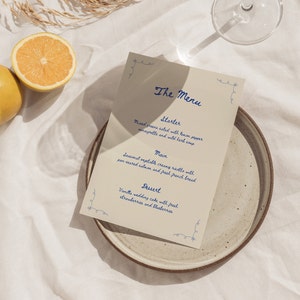Plantilla de menú de boda dibujada a mano, tarjeta de menú imprimible, tarjeta de lugar de menú de boda colorida y manuscrita, recepción de boda caprichosa, WT23