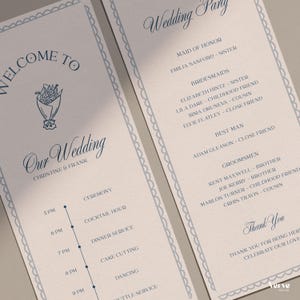 ビンテージ ウェディング プログラム テンプレート、手描きウェディング プログラム、結婚式当日のタイムライン、式次第、Canva テンプレート 4x8、4x9、WT24