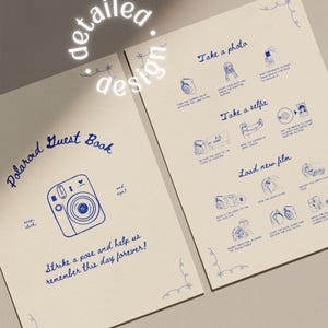 May include: Two cream-colored pages with blue illustrations and text. The left page reads "Polaroid Guest Book" with a camera graphic. The right page has instructions: "Take a photo," "Take a selfie," and "Load new film."