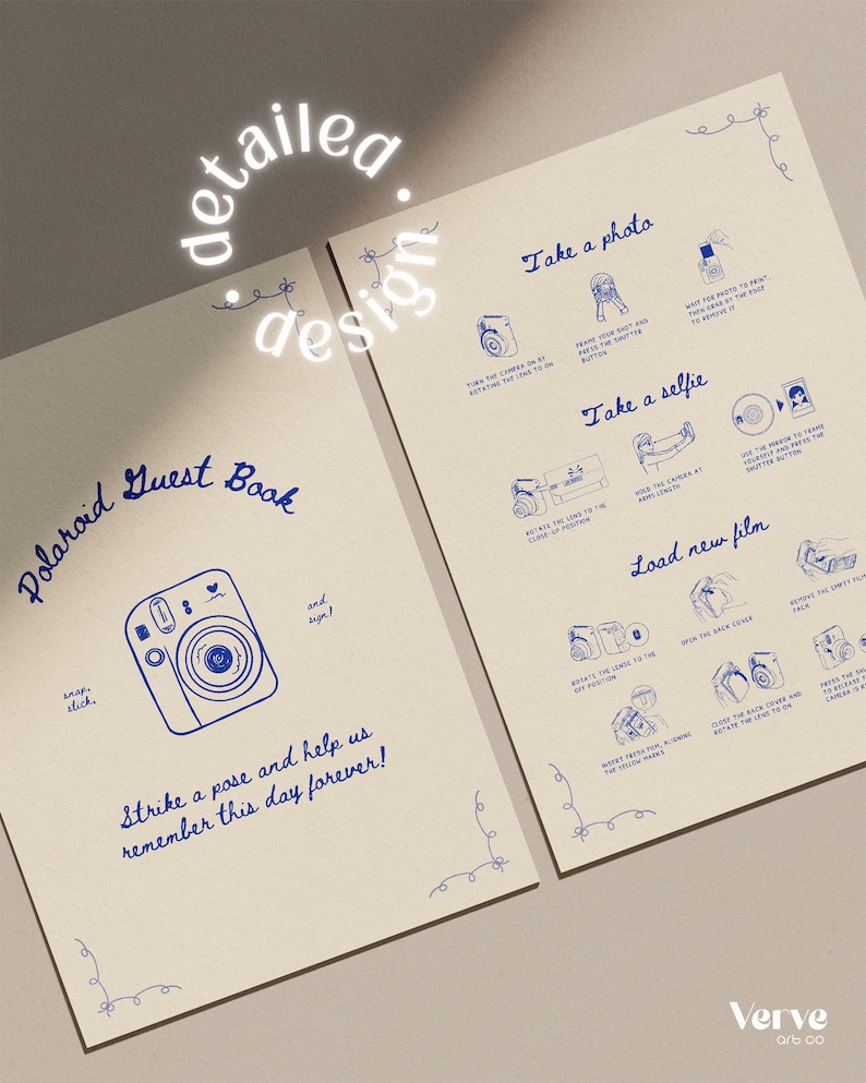 May include: Two cream-colored pages with blue illustrations and text. The left page reads "Polaroid Guest Book" with a camera graphic. The right page has instructions: "Take a photo," "Take a selfie," and "Load new film."