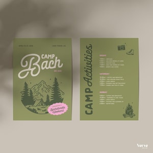 May include: Two-sided green invitation for a bachelorette weekend. The left side features the text "Camp Bach" with a mountain and tree illustration. The right side lists "Camp Activities" with a schedule and icons.