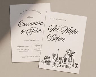 Hand Drawn Rehearsal Dinner Invitation Template: The Night Before (Canva Template) (WT37)