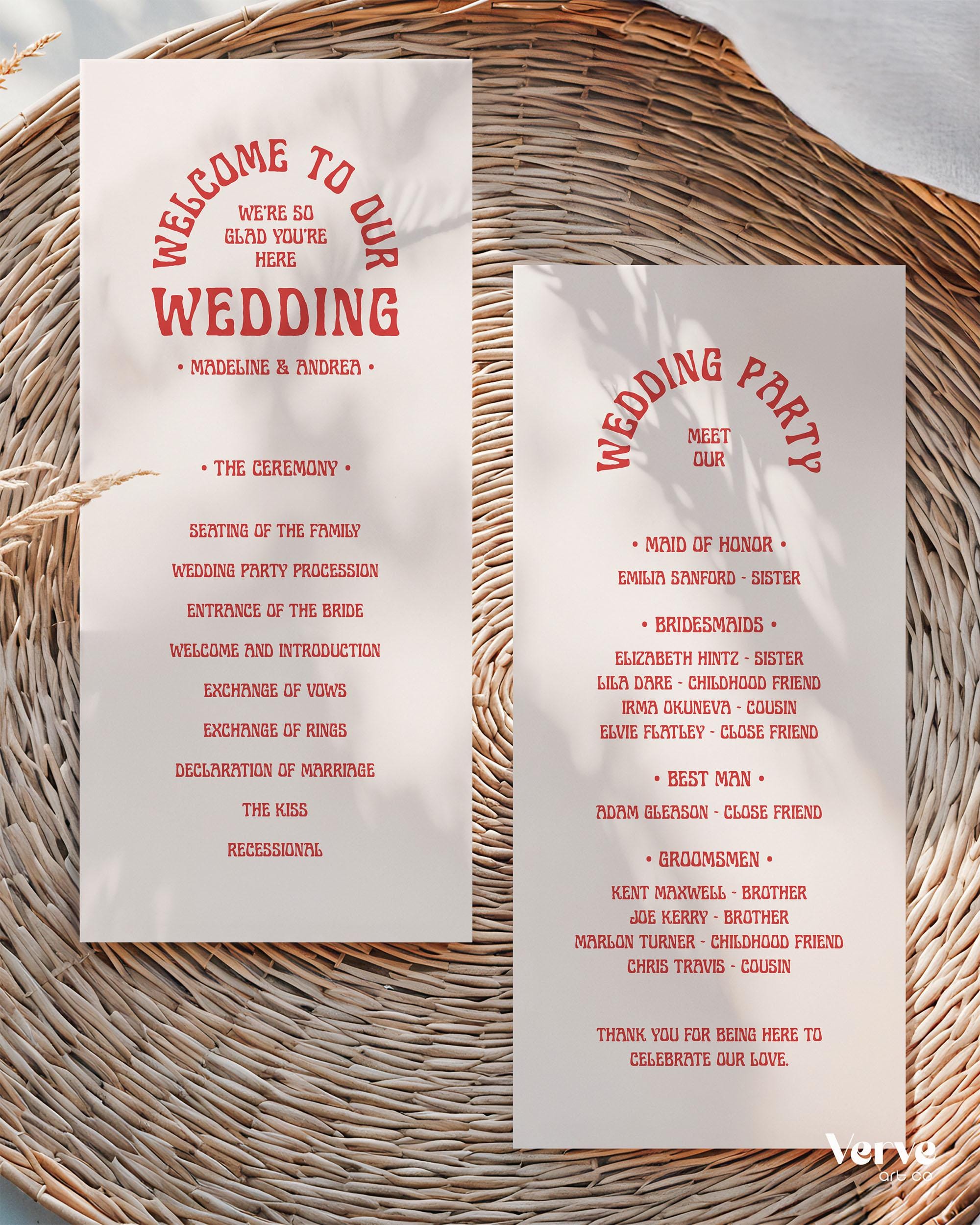 Retro Wedding Programs Canva Template, Fun Wedding Itinerary Timeline ...