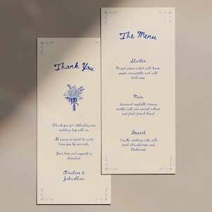 Handritade menykort för bröllopsmiddag med tackkort, Canva-mall