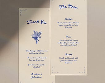 Hand Drawn Wedding Dinner Menu Cards with Thank You Note, Canva Template