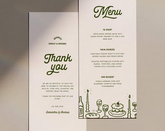 Handgezeichnete Hochzeitsmenuvorlage, Probeabendkarte, Canva