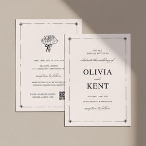 Altes Geld Hochzeitseinladung Vorlage mit QR-Code, Illustrierter Blumenstrauß (Canva Template) (WT05)