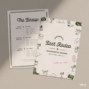 Könnte beinhalten: Zwei weiße Karten mit grünem Text und Illustrationen. Eine Karte lautet "The Lineup" mit einem Zeitplan. Die andere Karte lautet "Samantha's Last Rodeo Bachelorette Weekend" mit einem Datum in Dallas, Texas. Der Satz "Saddle up, ladies!" ist ebenfalls vorhanden.