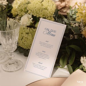 Modello di menu di nozze disegnato a mano, menu stampabile, biglietto di ringraziamento per menu vintage, matrimonio stravagante, bordo ondulato, Canva, 4x9, 4x8, WT24