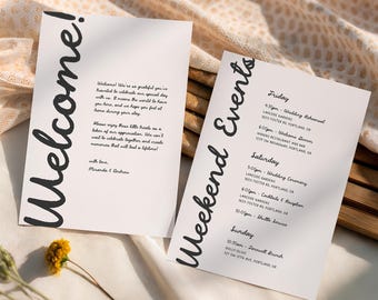 Wedding Welcome Bag Card, Weekend Itinerary Timeline, Handwritten Welcome Note (Canva Template) (WT44)