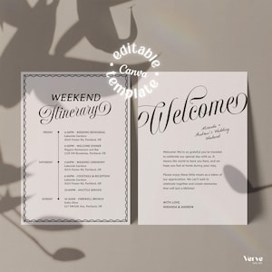 May include: Two white wedding itinerary cards with black text. The left card says "Weekend Itinerary" and lists the schedule. The right card says "Welcome" and includes a message from the couple. The cards have decorative borders.