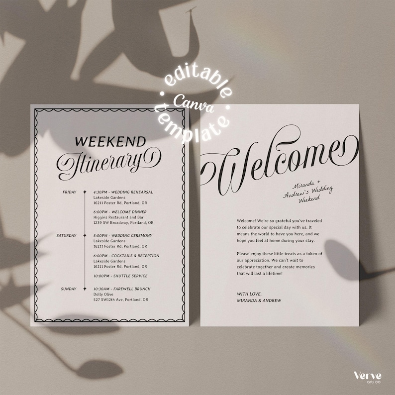 May include: Two white wedding itinerary cards with black text. The left card says "Weekend Itinerary" and lists the schedule. The right card says "Welcome" and includes a message from the couple. The cards have decorative borders.