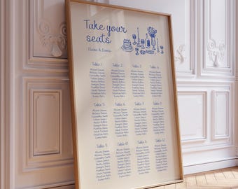 Modello di tabella dei posti a sedere per matrimonio stravagante: stile francese, disegnato a mano (modello Canva modificabile) (WT22)