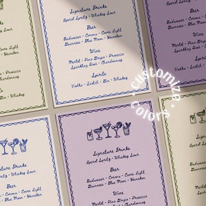 A collection of bar menu cards in various colors, including lavender, green, and cream. Each card features a decorative border, hand drawn drink illustrations, and handwritten text listing signature drinks, beer, wine, and spirits.