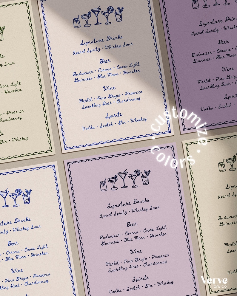 A collection of bar menu cards in various colors, including lavender, green, and cream. Each card features a decorative border, hand drawn drink illustrations, and handwritten text listing signature drinks, beer, wine, and spirits.