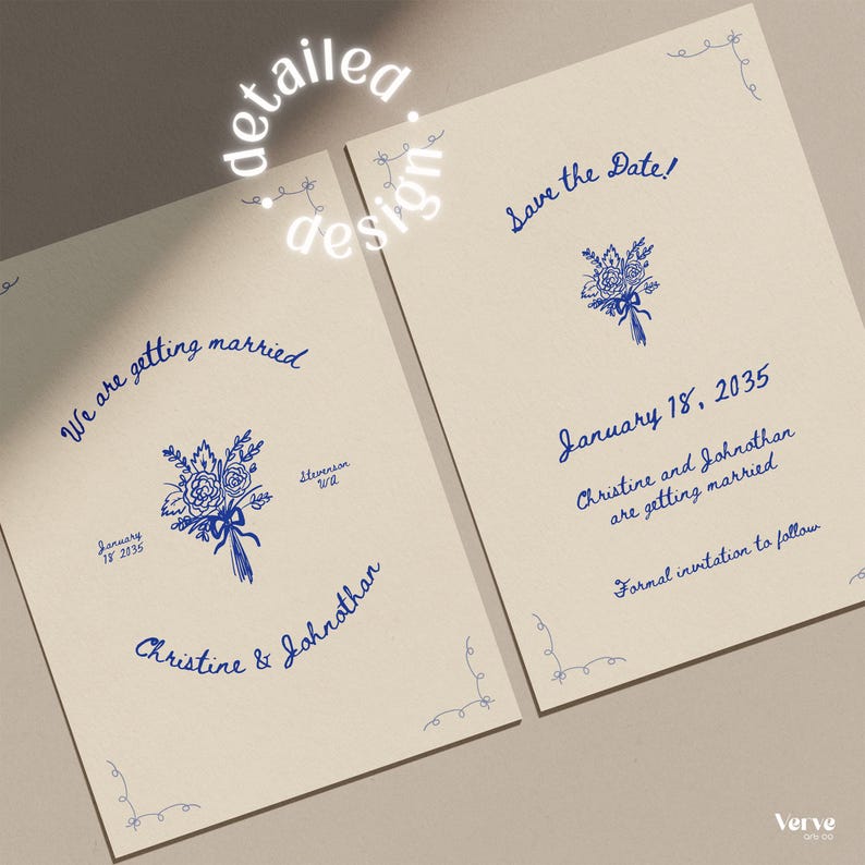 Wedding save the date Canva template with floral illustration, modern handwritten script, customizable color options, instant download digital wedding stationery.