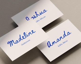 Cartões de lugar manuscritos para casamento, cartões de nome para recepção, modelo Canva (WT14)