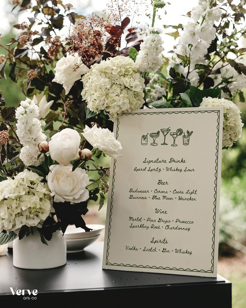 Illustrated Wedding Bar Menu Sign, Whimsical Drink Menu, Editable Canva Template