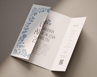 Hand Drawn Gatefold Wedding Invitation Template with QR Code, Trifold (Canva Template) (WT41)
