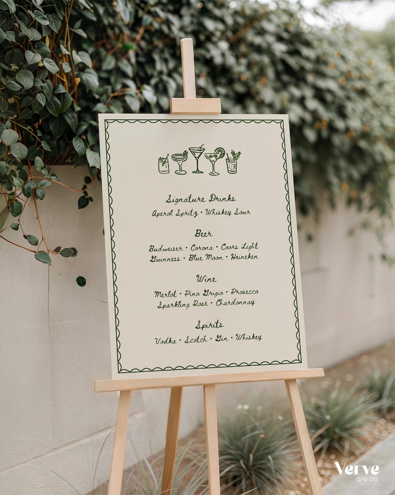 Illustrated Wedding Bar Menu Sign, Whimsical Drink Menu, Editable Canva Template