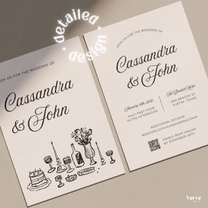 May include: Two wedding invitation cards with the names "Cassandra & John" in elegant script. One card features a detailed illustration of food and drink, while the other includes event details, date, time, and location.