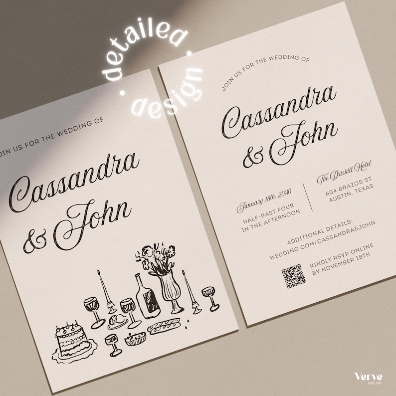 May include: Two wedding invitation cards with the names "Cassandra & John" in elegant script. One card features a detailed illustration of food and drink, while the other includes event details, date, time, and location.