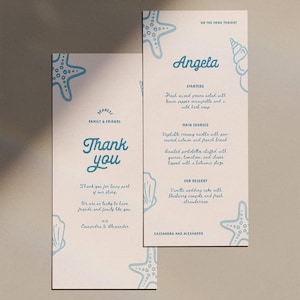 Coastal Wedding Menu with Name, Illustrated, Watercolor Seashells (Canva Template) (WT33)