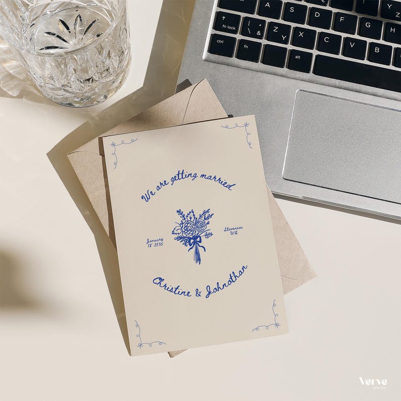 Minimalist floral save the date template for Canva, editable wedding save the dates with bouquet artwork and classic script typography.