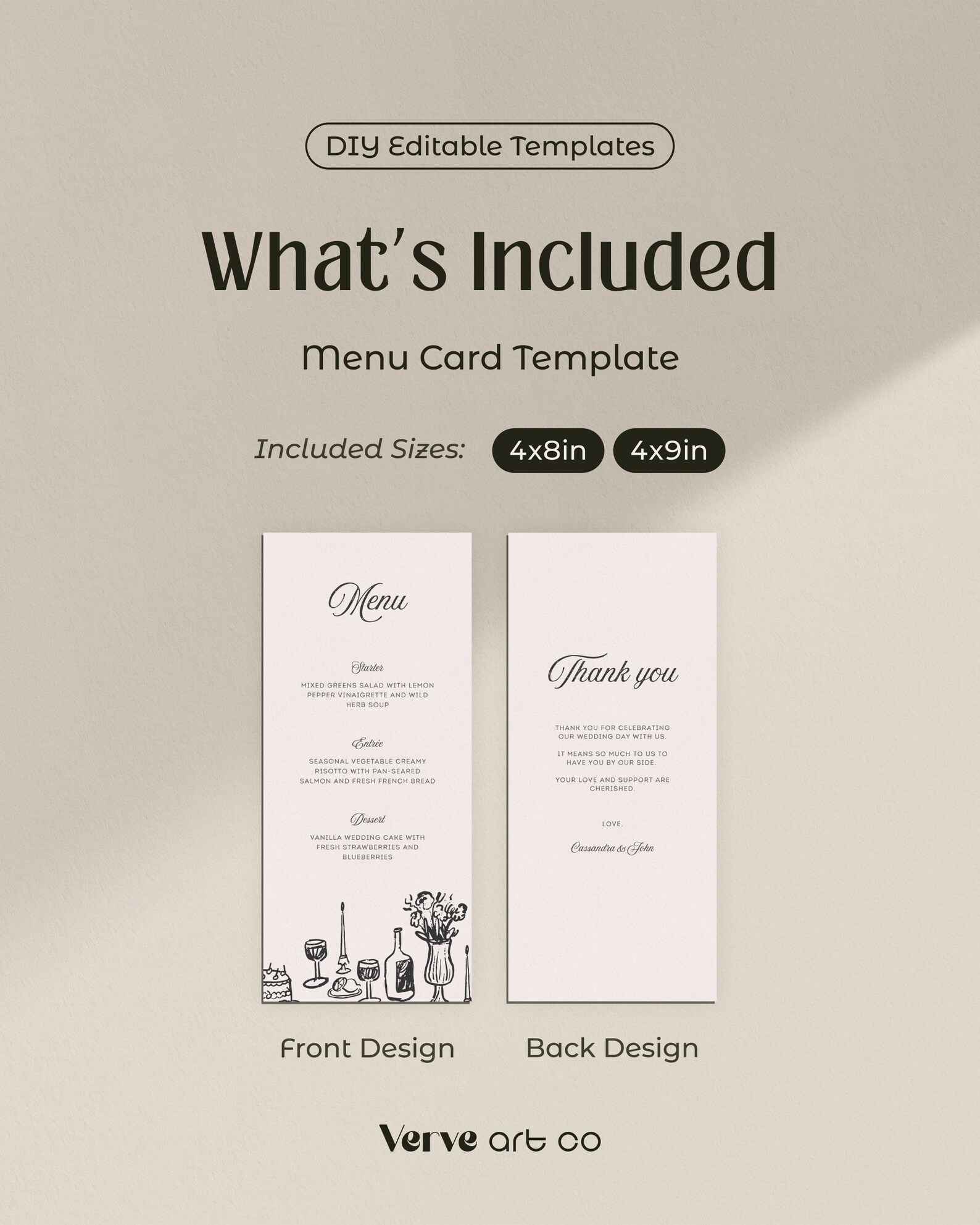 Hand Drawn Wedding Menu Cards, Rustic Rehearsal Dinner Menus, Editable ...