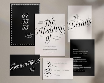 Plantilla de invitación de boda romántica, paquete completo: invitación, adjunto de detalles, tarjeta de confirmación de asistencia (plantillas de Canva) (WT15)