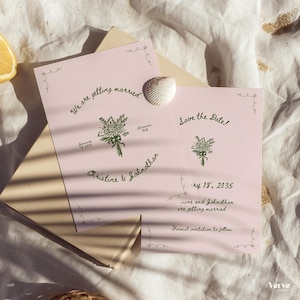 Wedding save the date Canva template with floral illustration, modern handwritten script, customizable color options, instant download digital wedding stationery.