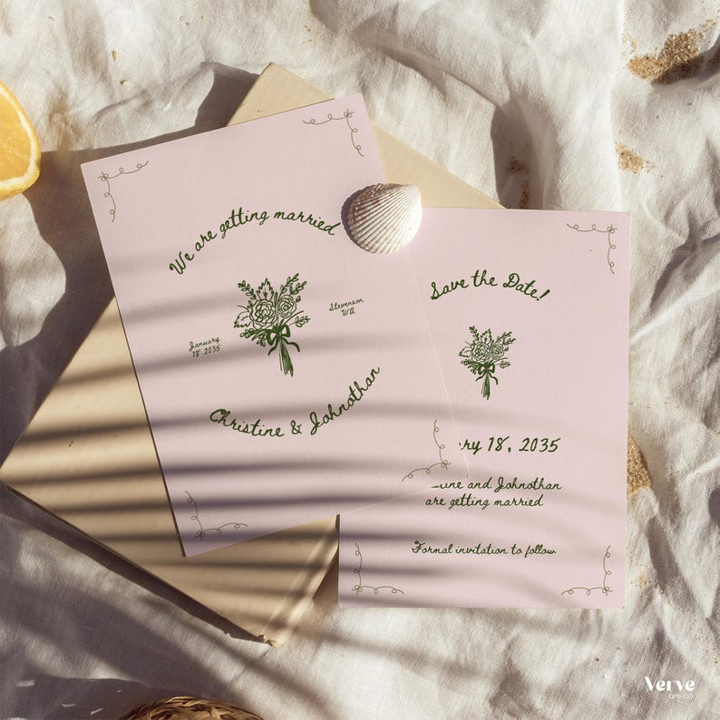 Wedding save the date Canva template with floral illustration, modern handwritten script, customizable color options, instant download digital wedding stationery.