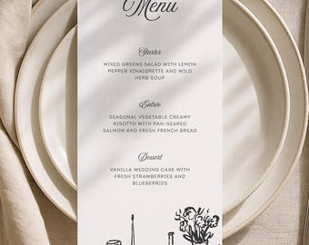Hand Drawn Wedding Menu Cards, Rustic Rehearsal Dinner Menus, Editable Canva Template