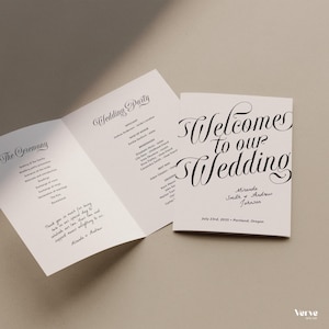 May include: A wedding program with the words "Welcome to our Wedding" in elegant script. The program is open, revealing details about the ceremony, wedding party, and a thank you note. The date and location are also included.