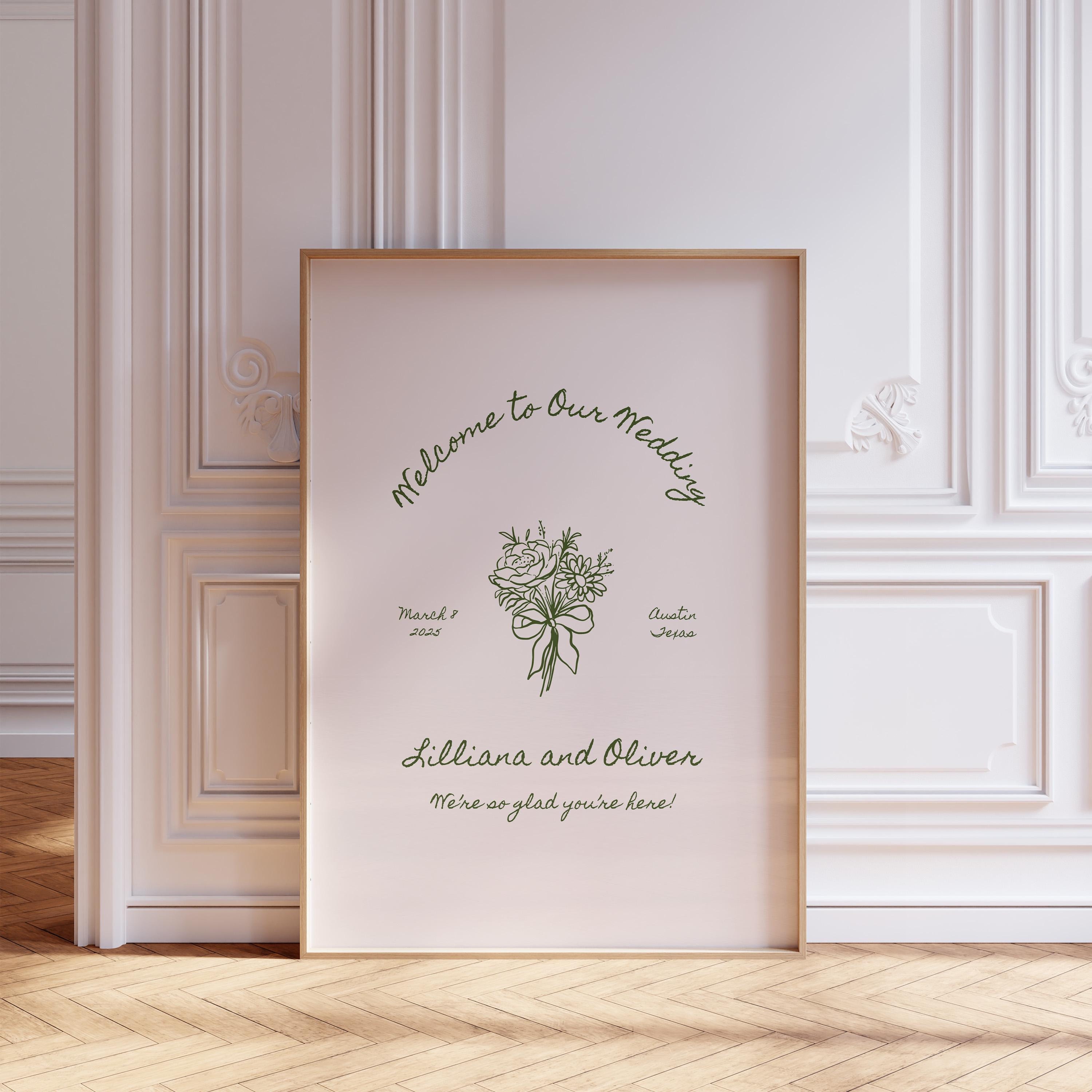 Blumenhochzeit Willkommen Schild Vorlage: Skurriles Handgezeichnetes (Canva Template) (WT38)