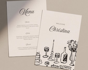 Handgezeichnete Hochzeitskarte mit Tischkarte im französischen Stil (Canva Template) (WT37)
