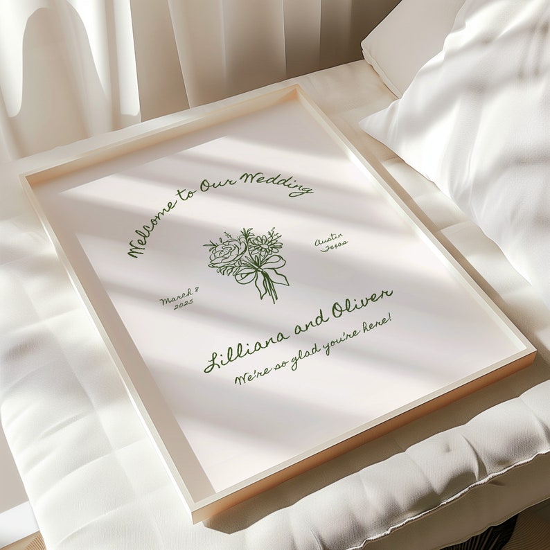 wedding welcome sign canva template with flower bouquet