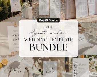 May include: A collection of elegant and modern wedding templates. The image features various signs, including a welcome sign, seating chart, table numbers, and a bar menu. The templates have a minimalist design with black text on a white background.