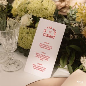 Plantilla de menú de boda retro, tarjeta de menú imprimible, tarjeta de agradecimiento con menú de recepción colorido, boda divertida, Canva, 4x9, 4x8, WT42