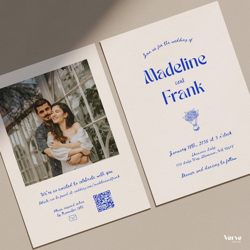 Whimsical Wedding Invitation with Photo and QR Code (Editable Canva Template) (WT14) image 1